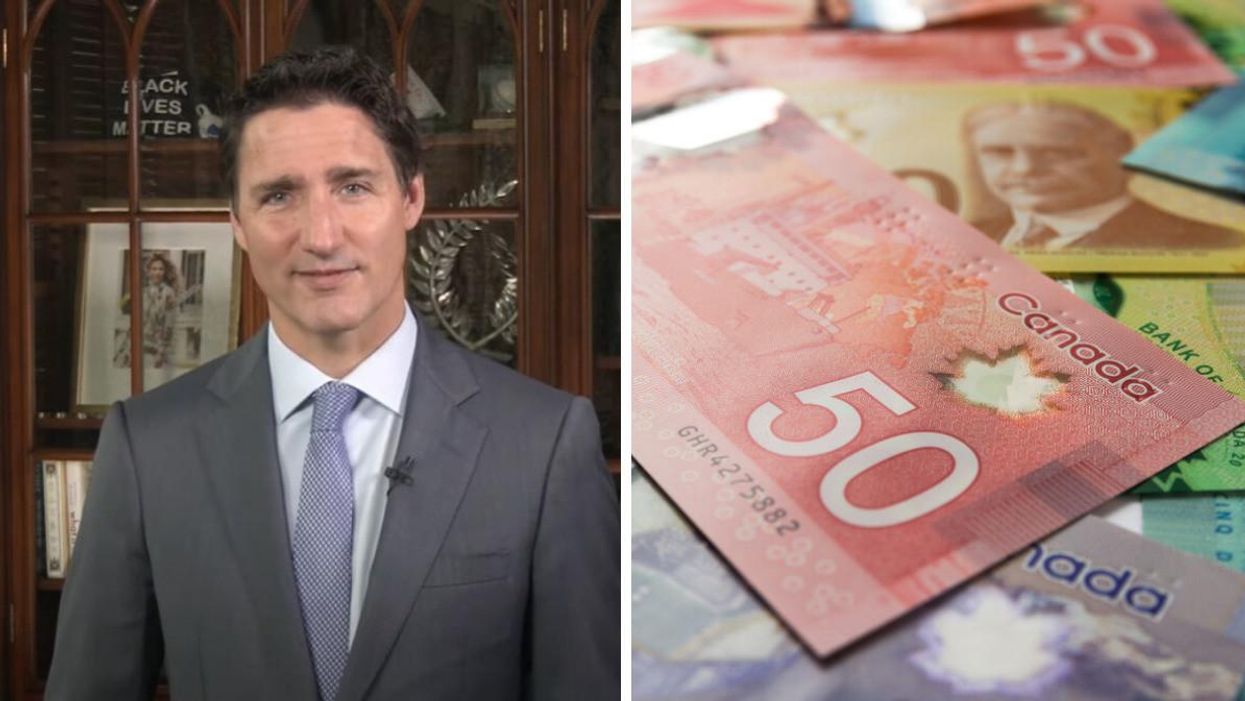 Prime Minister Justin Trudeau. Right: Canadian money.