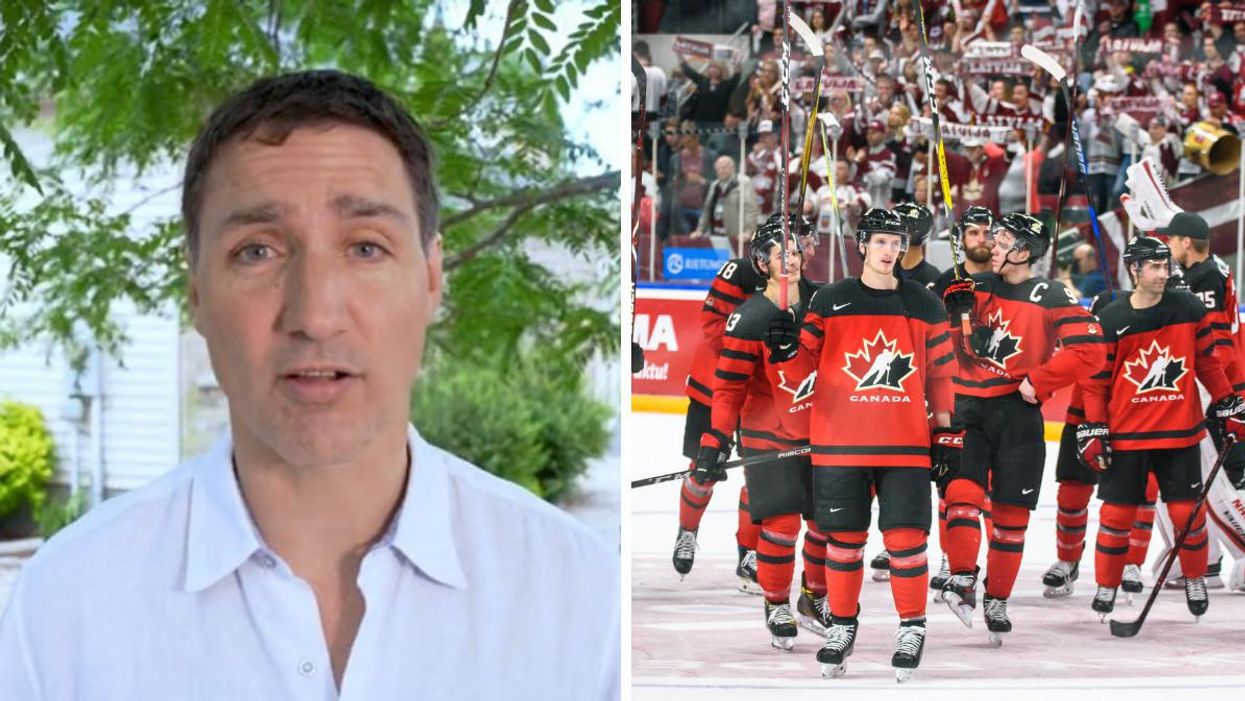 Prime Minister Justin Trudeau. Right: Hockey Canada players on the ice.