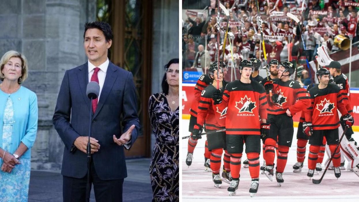 Prime Minister Justin Trudeau. Right: Hockey Canada players.