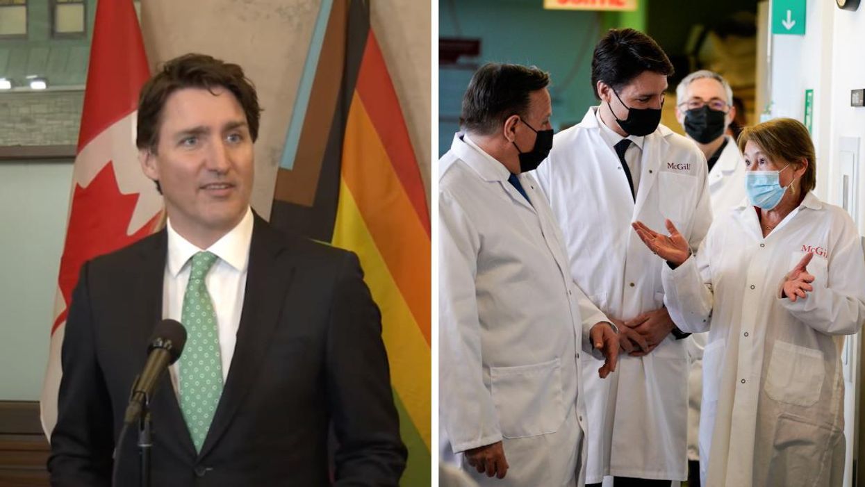 Prime Minister Justin Trudeau. Right: Trudeau meets with Moderna employees.