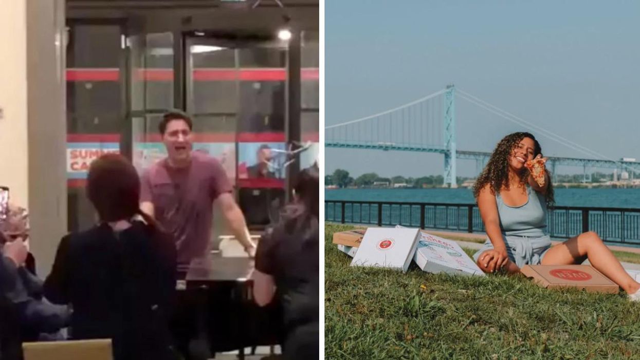 Prime Minister Justin Trudeau singing in London. Right: Windsorite with pizza boxes at the riverfront.