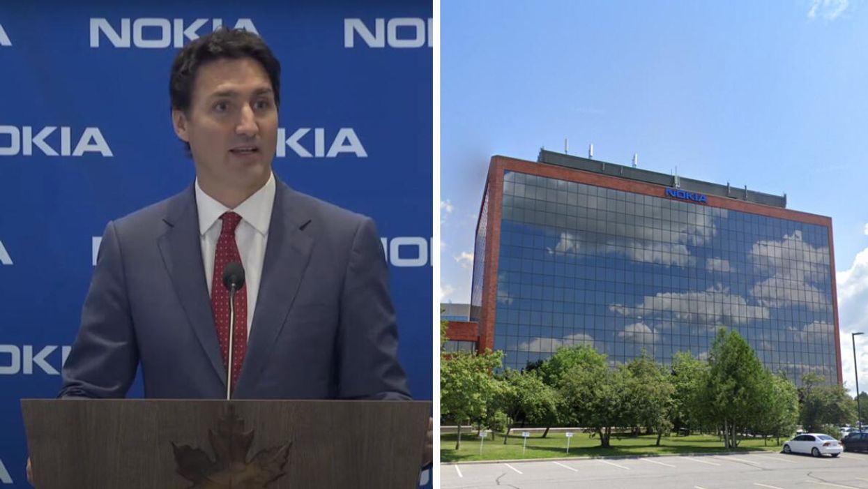 Prime Minister Justin Trudeau speaking in a press conference. Right: Nokia office building near Ottawa.