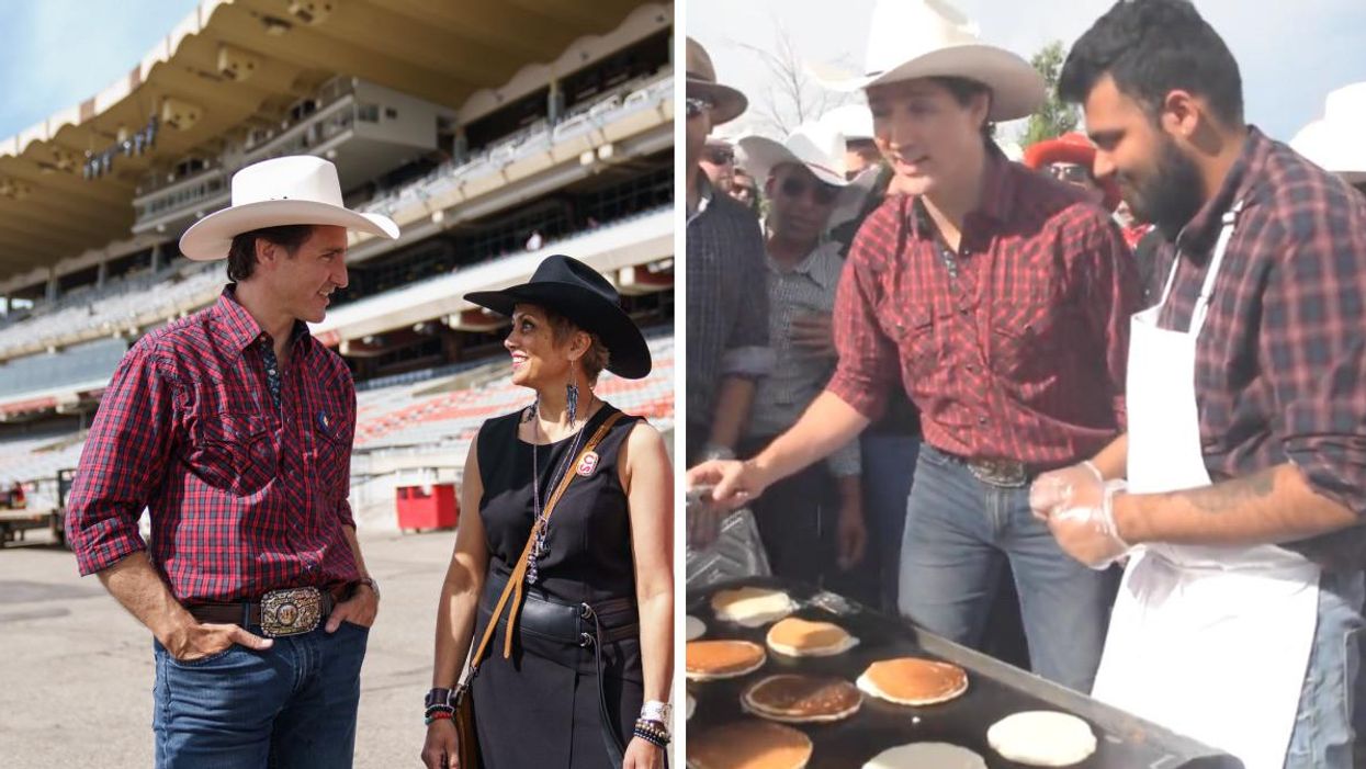 Prime Minister Justin Trudeau with Calgary Mayor Jyoti Gondek. Right: Justin Trudeau flipping pancakes.