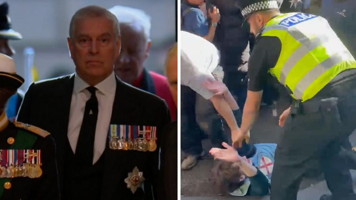 Prince Andrew. Right: A protestor being tackled by the police.