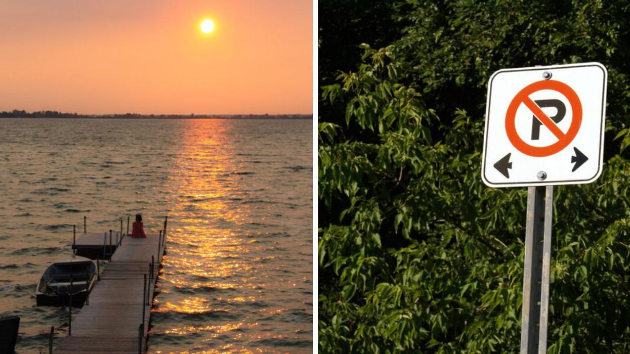 Prince Edward County waterfront. Right: A no parking sign.