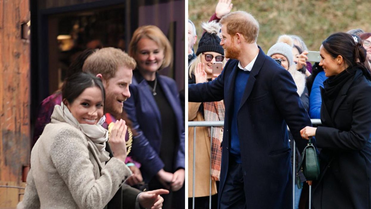 Prince Harry and Megan Markle walking. Right: Prince Harry and Megan Markle walking by people.
