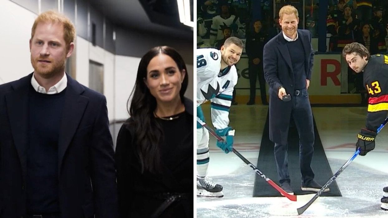 Prince Harry and Meghan Markle. Right: Prince Harry dropping the puck at a game between the Canucks and San Jose Sharks in Vancouver on Nov. 20, 2023.