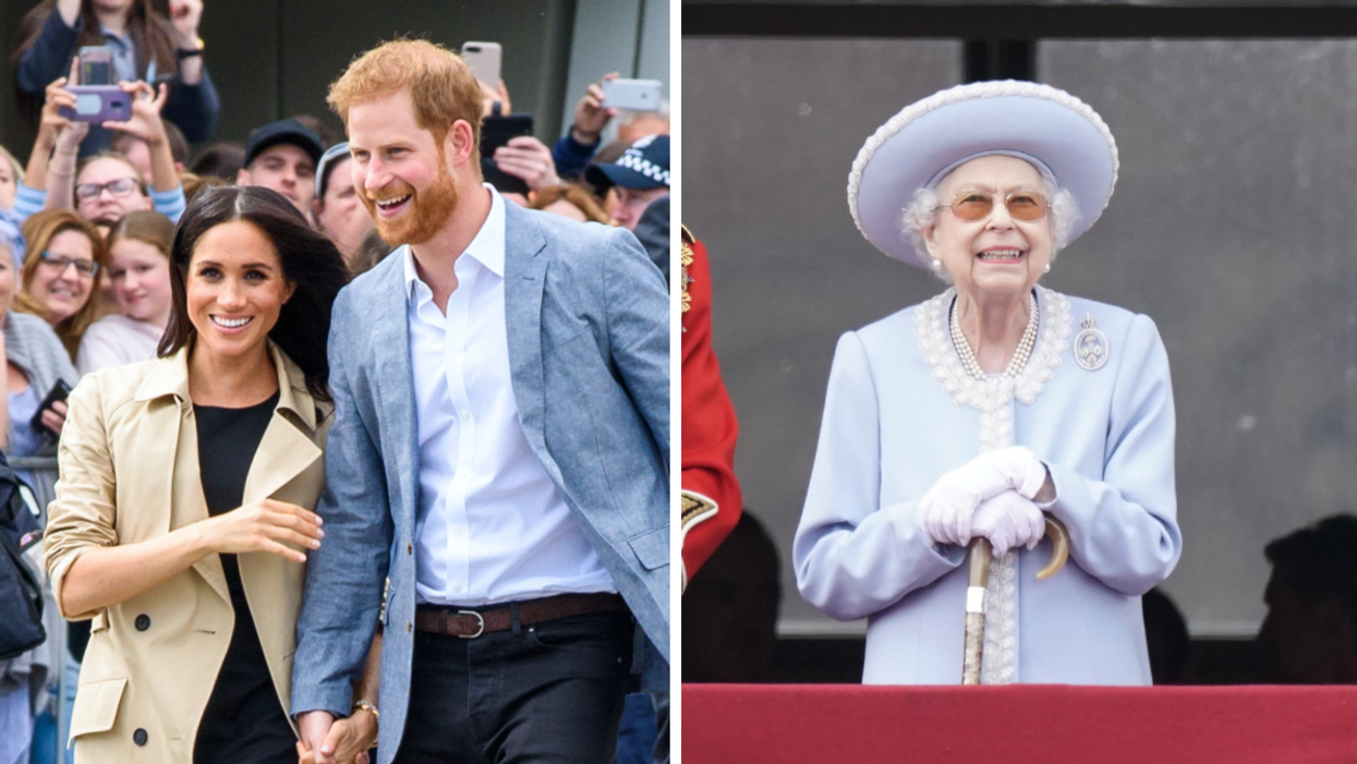 Prince Harry and Meghan Markle. Right: Queen Elizabeth II.
