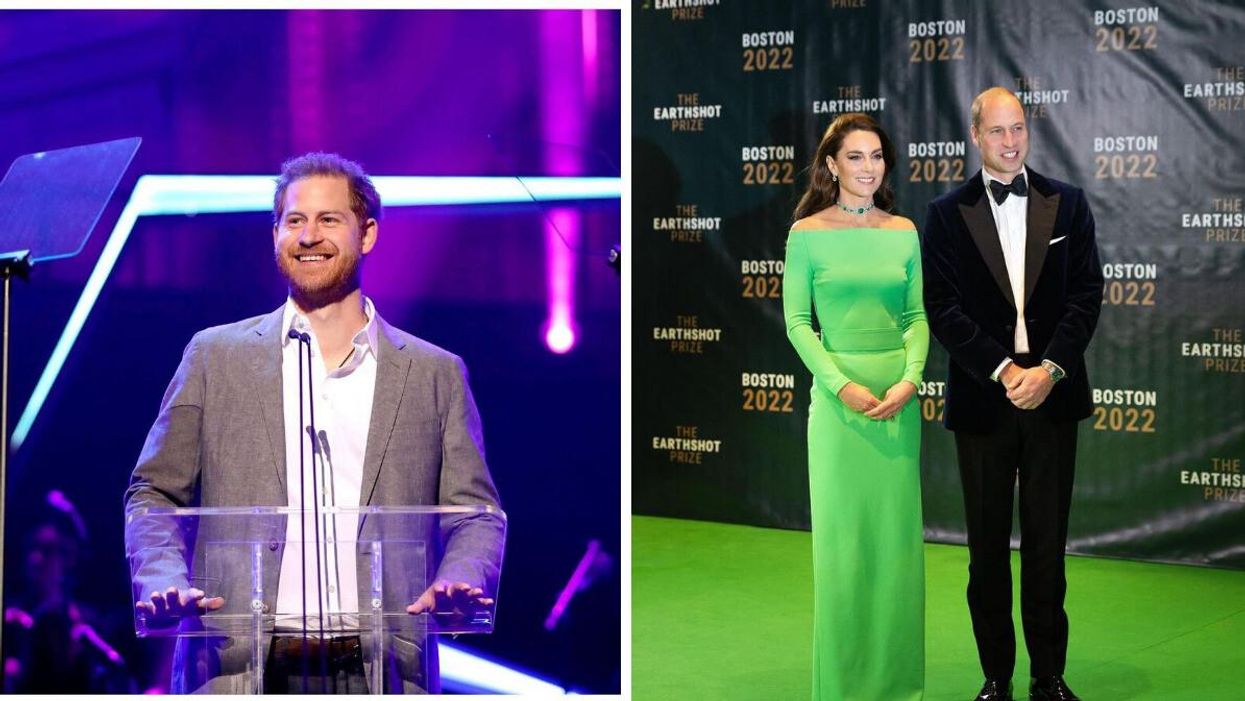 Prince Harry at the 2019 OnSide Awards. Right: Prince William and Kate Middleton at the 2022 Earthshot Prize Awards in Boston.