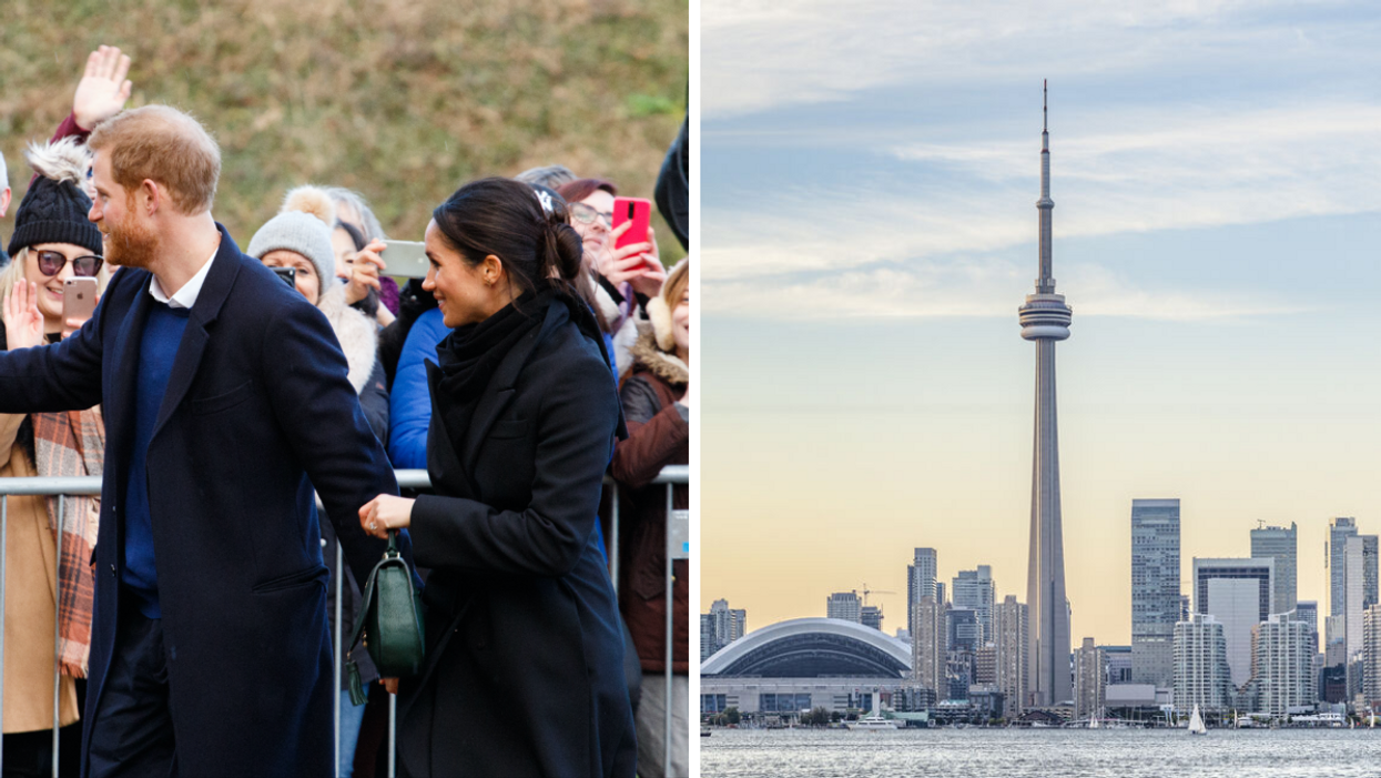 Prince Harry Duke of Sussex and Meghan Markle, Duchess of Sussex. Right: Toronto skyline.