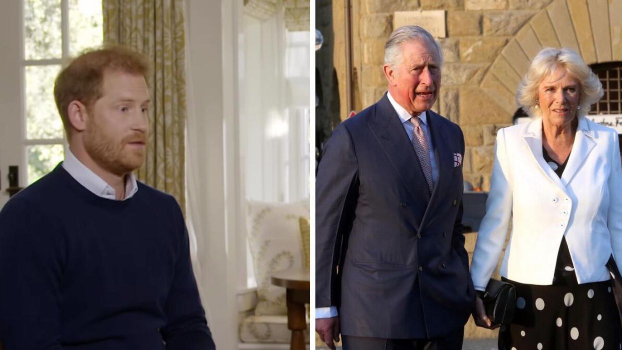 Prince Harry during his interview with ITV. Right: King Charles III and his wife Camilla Parker Bowles.