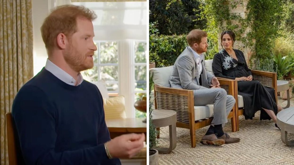 Prince Harry during his interview with ITV. Right: Prince Harry and Meghan Markle during their Oprah interview in 2021.