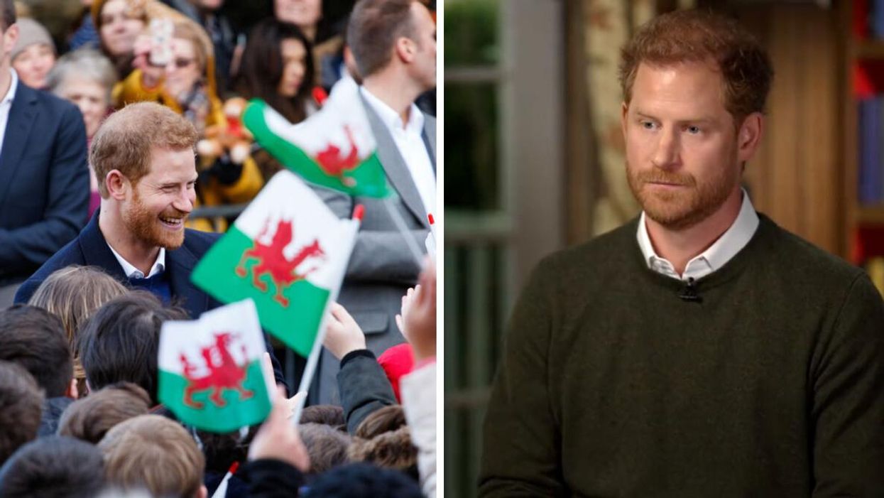 Prince Harry in South Wales, UK in 2018. Right: Prince Harry in the "60 Minutes" interview trailer.