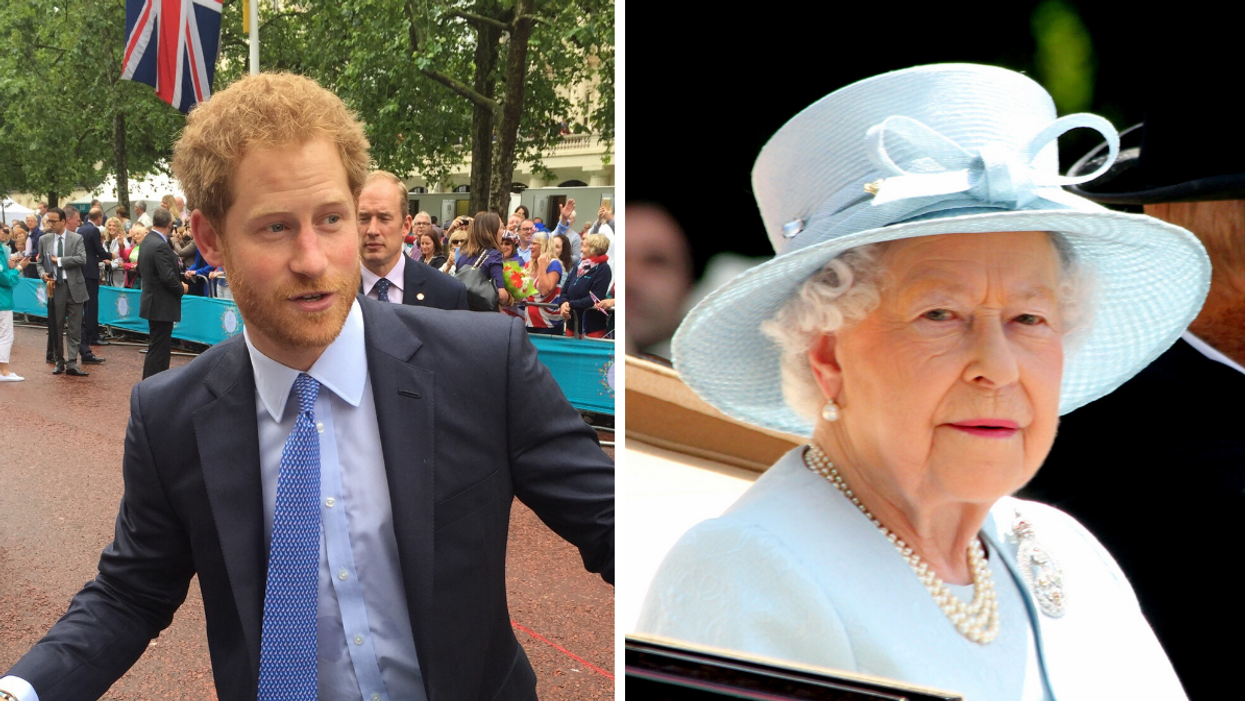 Prince Harry. Right: Queen Elizabeth II.