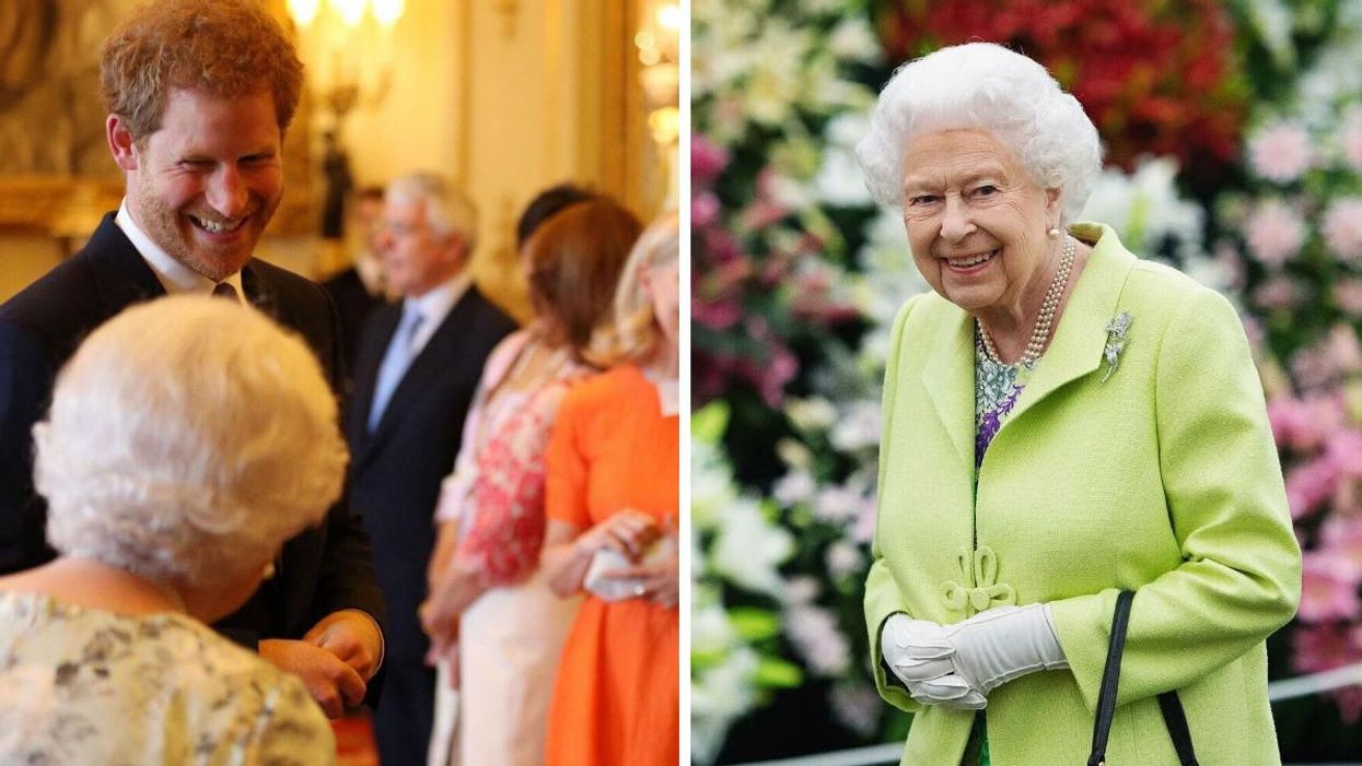 Prince Harry with Queen Elizabeth II. Right: Queen Elizabeth II.