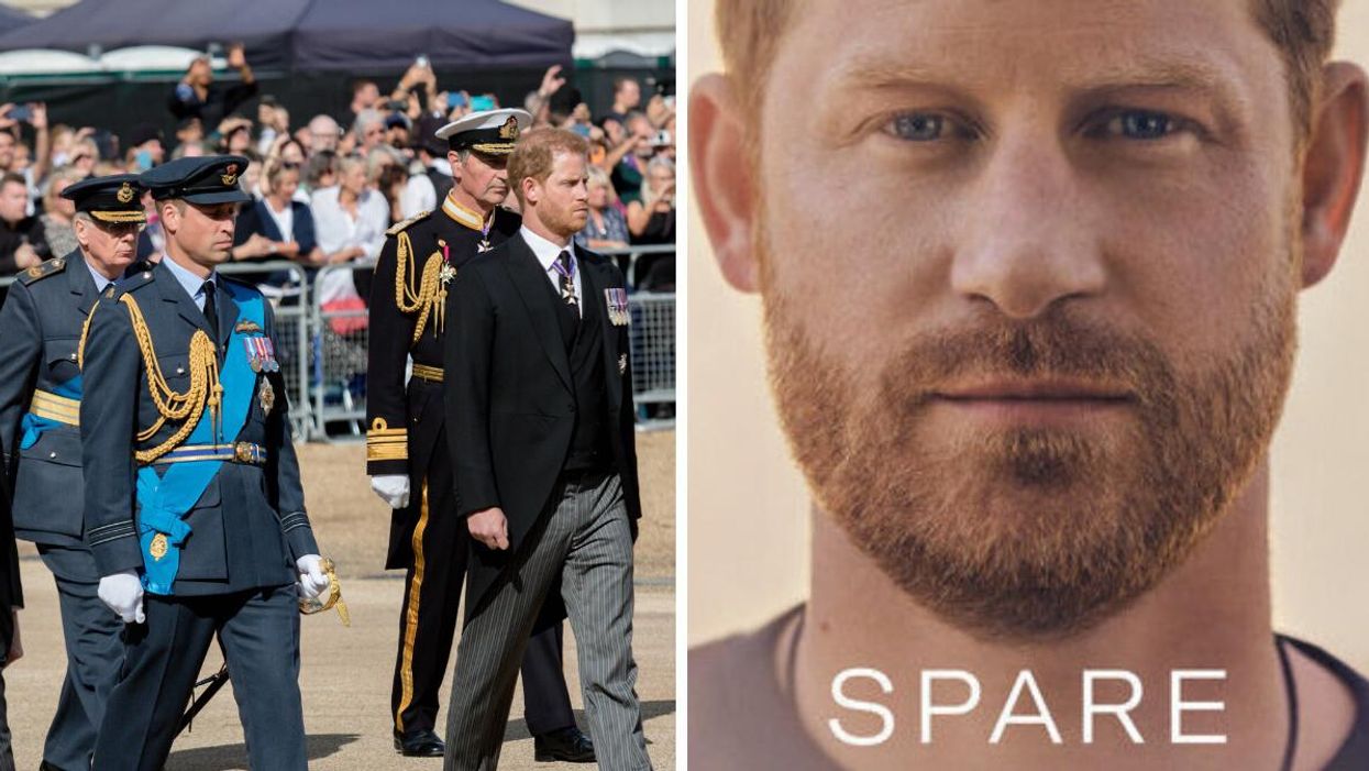 Prince William and Prince Harry follow the hearse with the coffin of Queen Elizabeth II in London on Sept. 14, 2022. Right: The cover of Prince Harry's memoir "Spare."