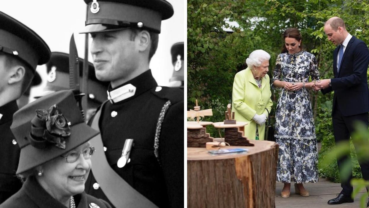 Prince William and Queen Elizabeth II smiling as she passes him in a military line-up. Right: William, Kate and Queen Elizabeth II.