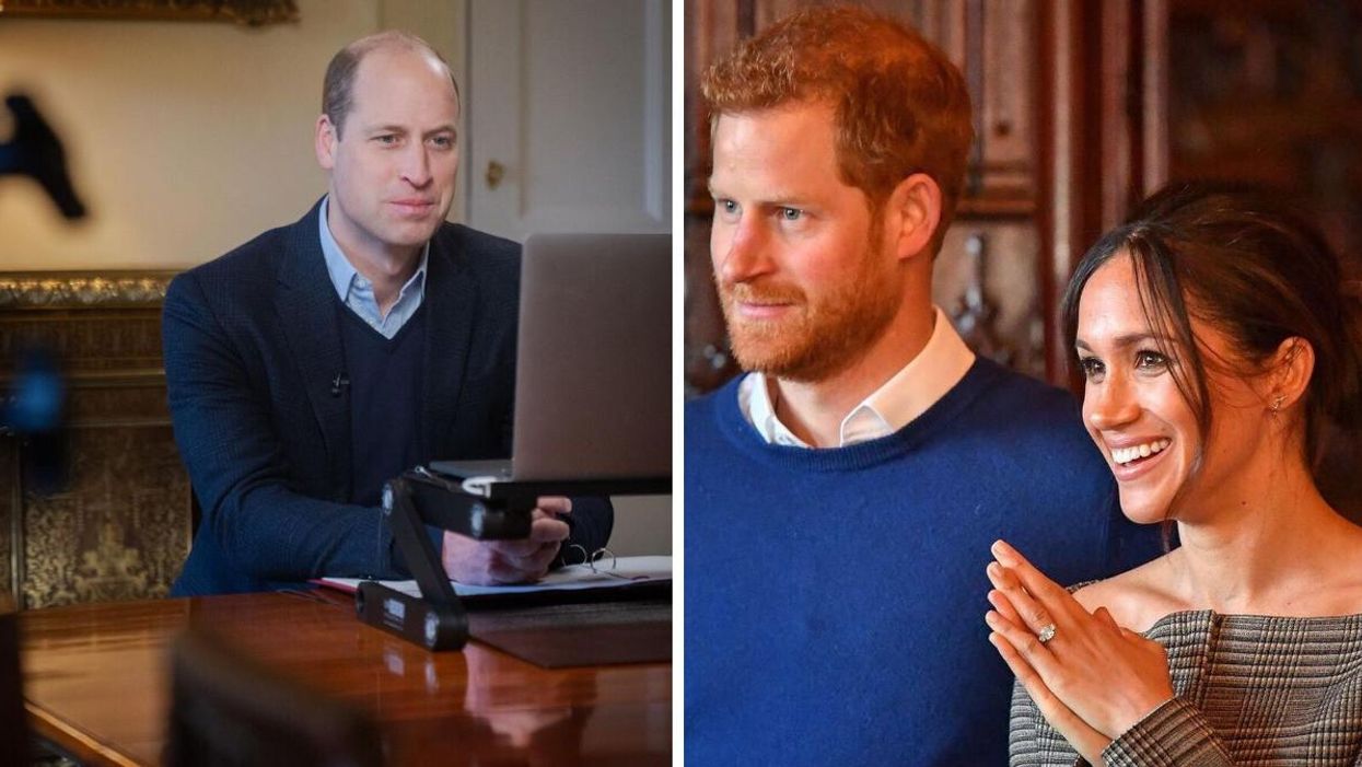 Prince William. Right: Prince Harry and Meghan Markle.