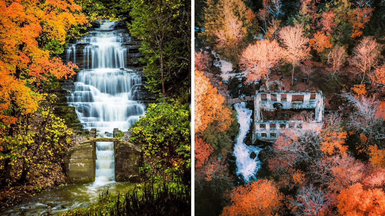 Princess Louise Falls in Orleans. Right: Carbide Wilson Ruins and waterfall surrounded by trees.