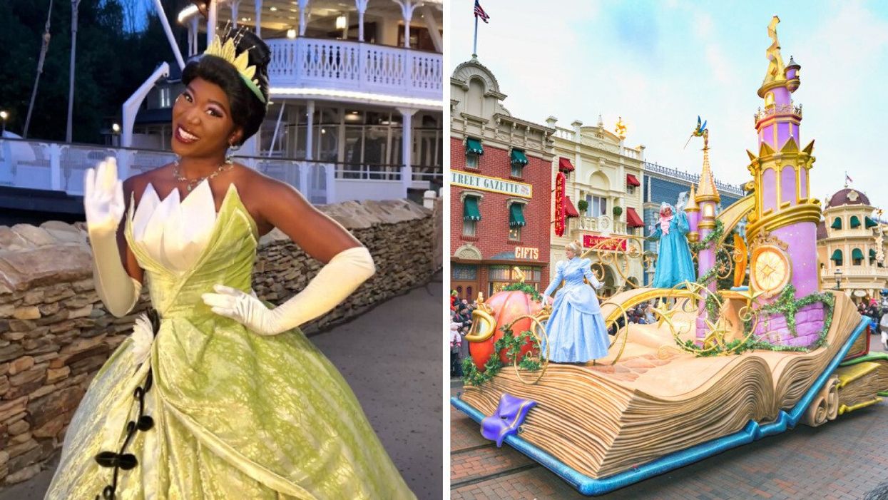 Princesse Tiana de La Princesse et la Grenouille. Droite : Cendrillon pendant la parade à Disneyland.