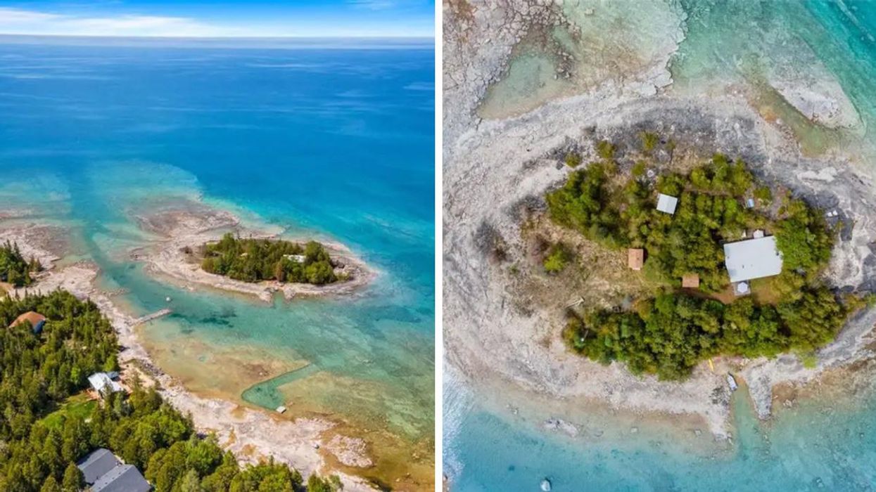 Private island on bright blue water.