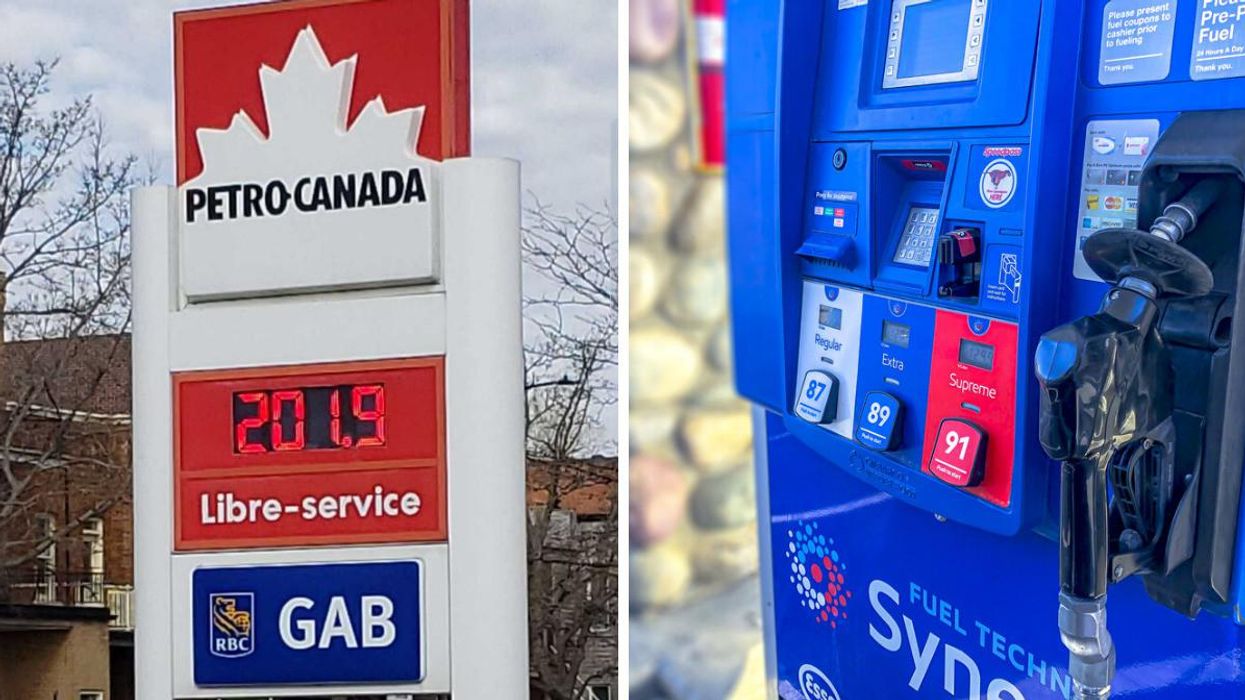 Prix de l'essence au Petro-Canada à Montréal. Droite : Pompe à essence Esso.