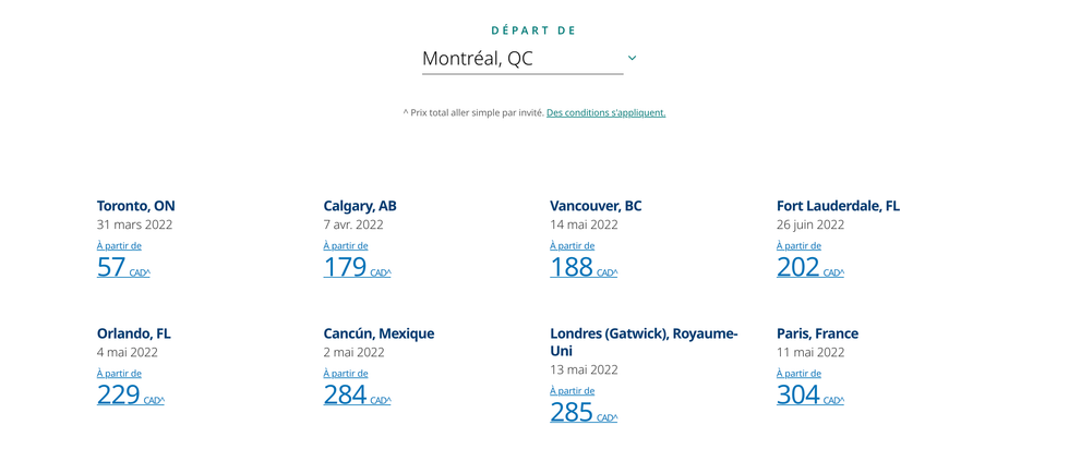 Prix de vols WestJet en d\u00e9part de Montr\u00e9al, mars 2022.
