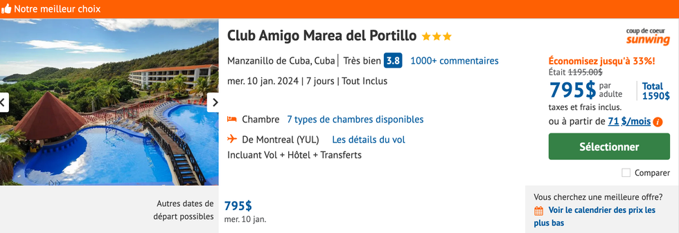 Prix pour une semaine au Club Amigo Marea del Portillo \u00e0 Manzanillo de Cuba \u00e0 Cuba.