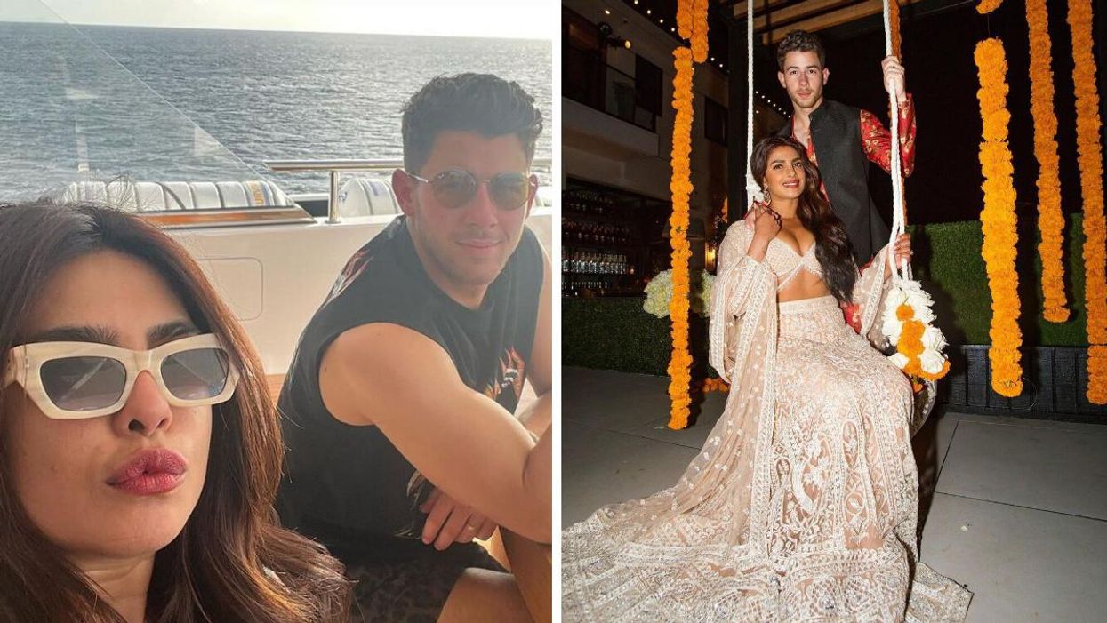 Priyanka Chopra and Nick Jonas on a boat. Right: Priyanka Chopra and Nick Jonas on Diwali.