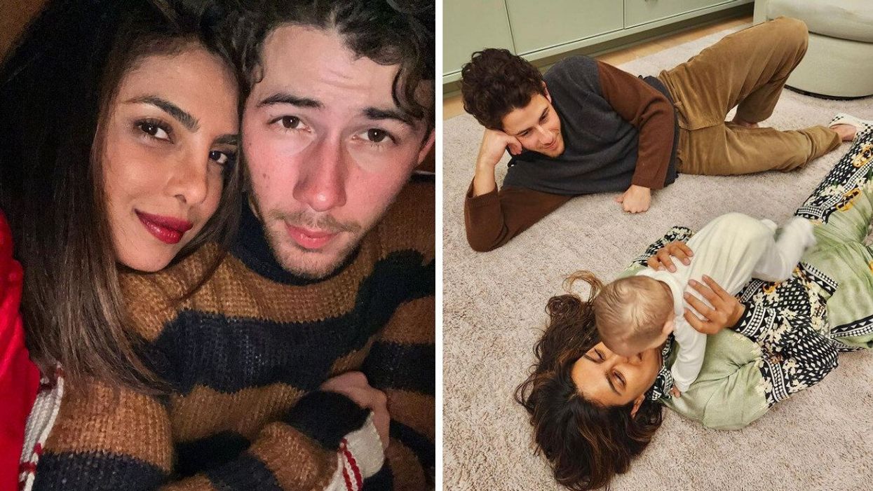 Priyanka Chopra and Nick Jonas. Right: Priyanka Chopra and Nick Jonas with their daughter.