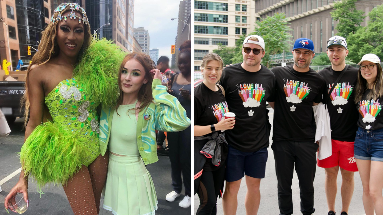 Priyanka from "Canada's Drag Race." Right: Toronto Maple Leafs players.