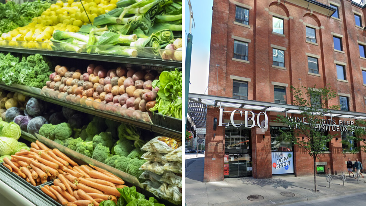 Produce aisle in a grocery store. Right: LCBO storefront.