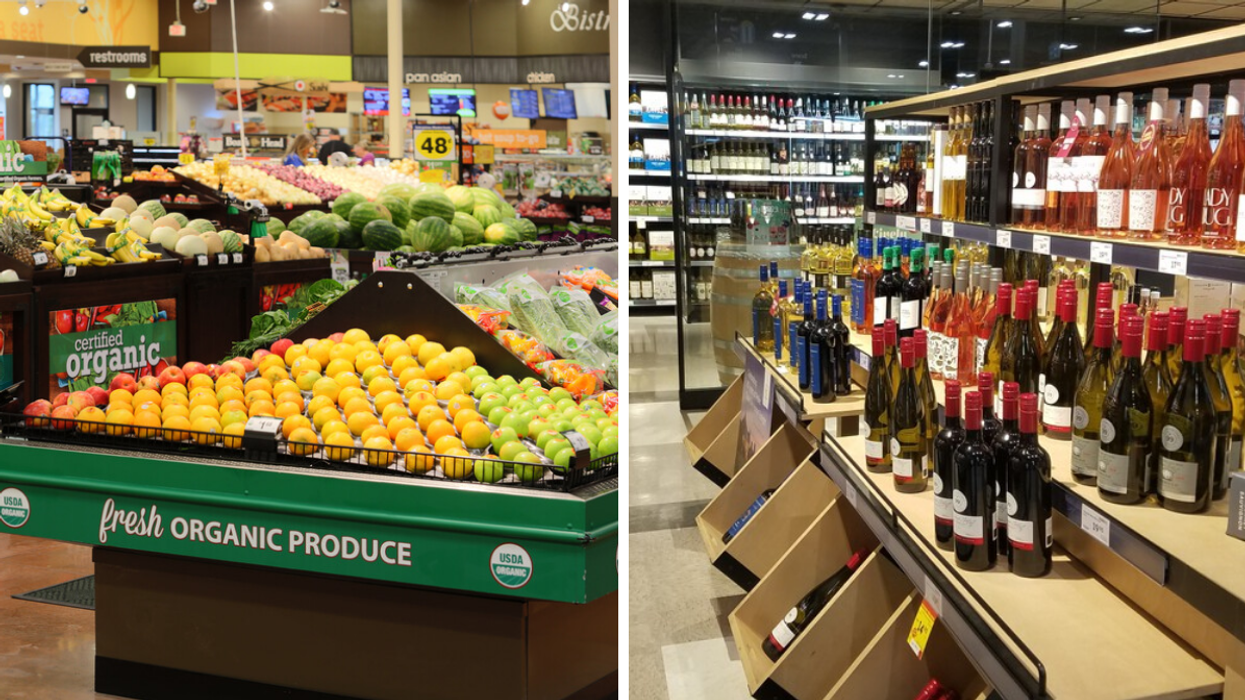 Produce at a grocery store. Right: Inside a liquor store.