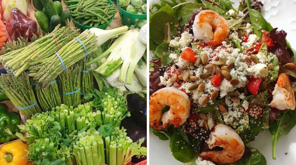 Produce at the farmers market. Right: A shrimp salad with fresh ingredients.