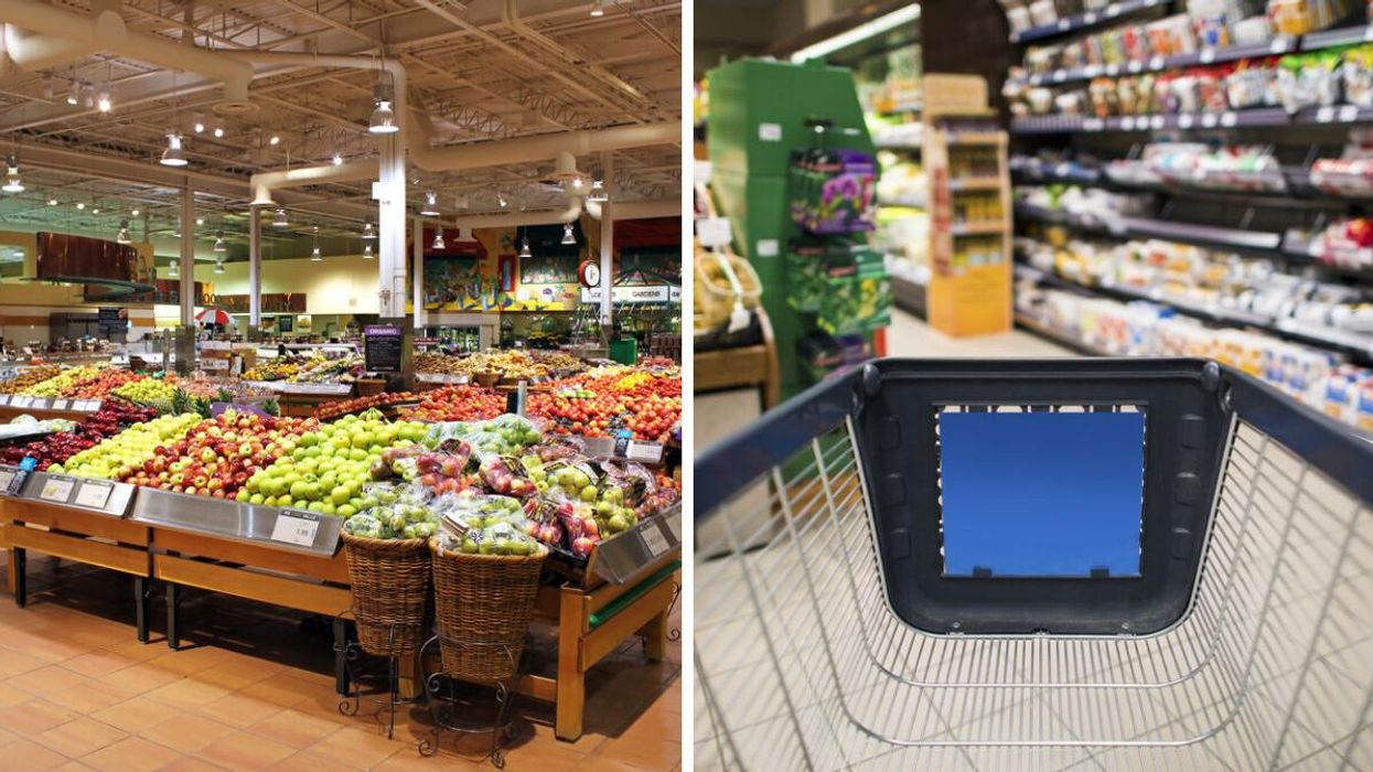 Produce section of a grocery store. Right: Shopping cart in a supermarket.