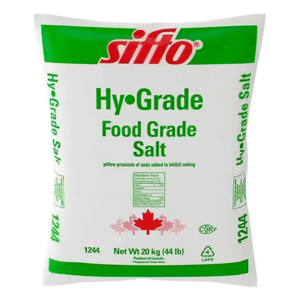 Product image of a bag of Sifto Hy-Grade salt.