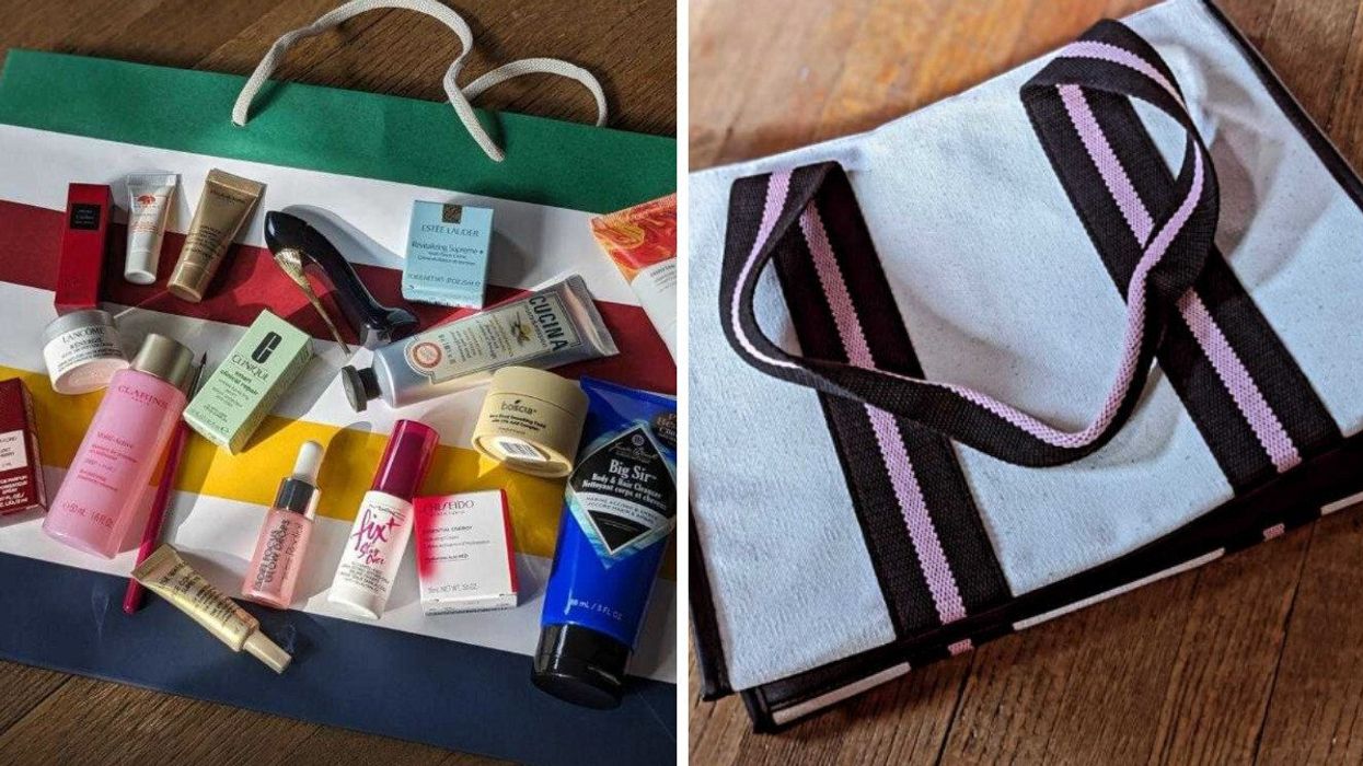 Products from The Bay's Beauty Tote for Beauty Week. Right: Hudson's Bay's 2023 Beauty Tote.