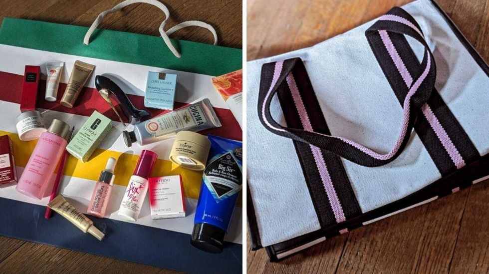 Products from The Bay's Beauty Tote for Beauty Week. Right: Hudson's Bay's 2023 Beauty Tote.