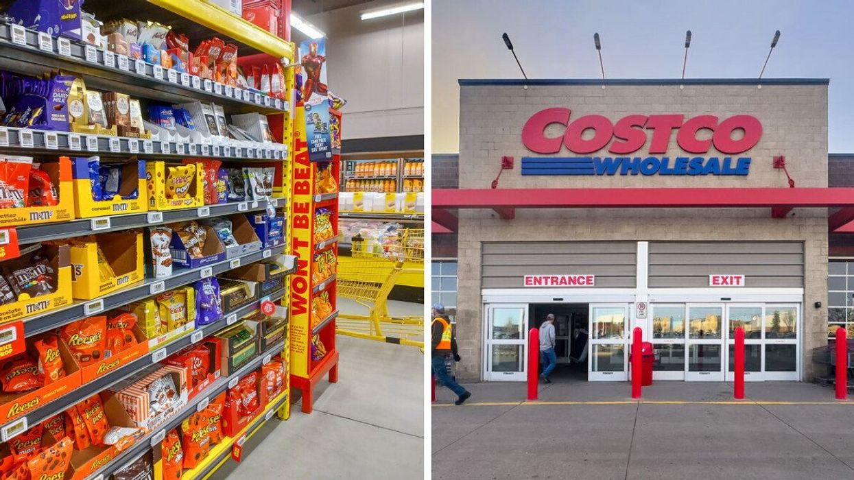 products on shelves in an aisle at a no frills store. right: exterior of a costco store in canada