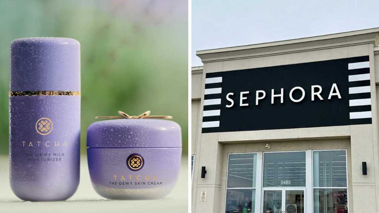 Produits de la marque Tatcha en solde chez Sephora. Droite : La devanture d'un Sephora.