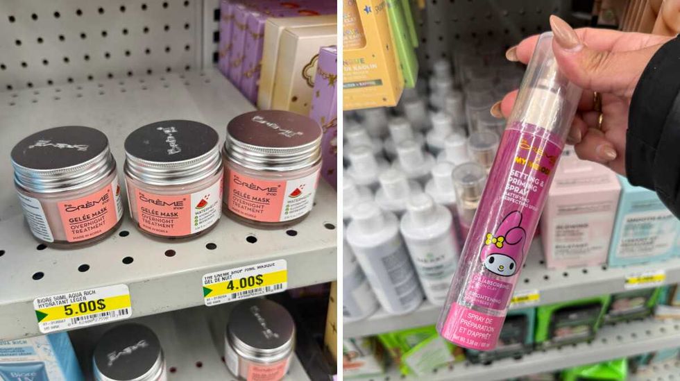 Produits de skincare cor\u00e9en de la marque The Cr\u00e8me Shop, comme un masque gel de nuit et un spray fixateur, vendus au Dollarama.