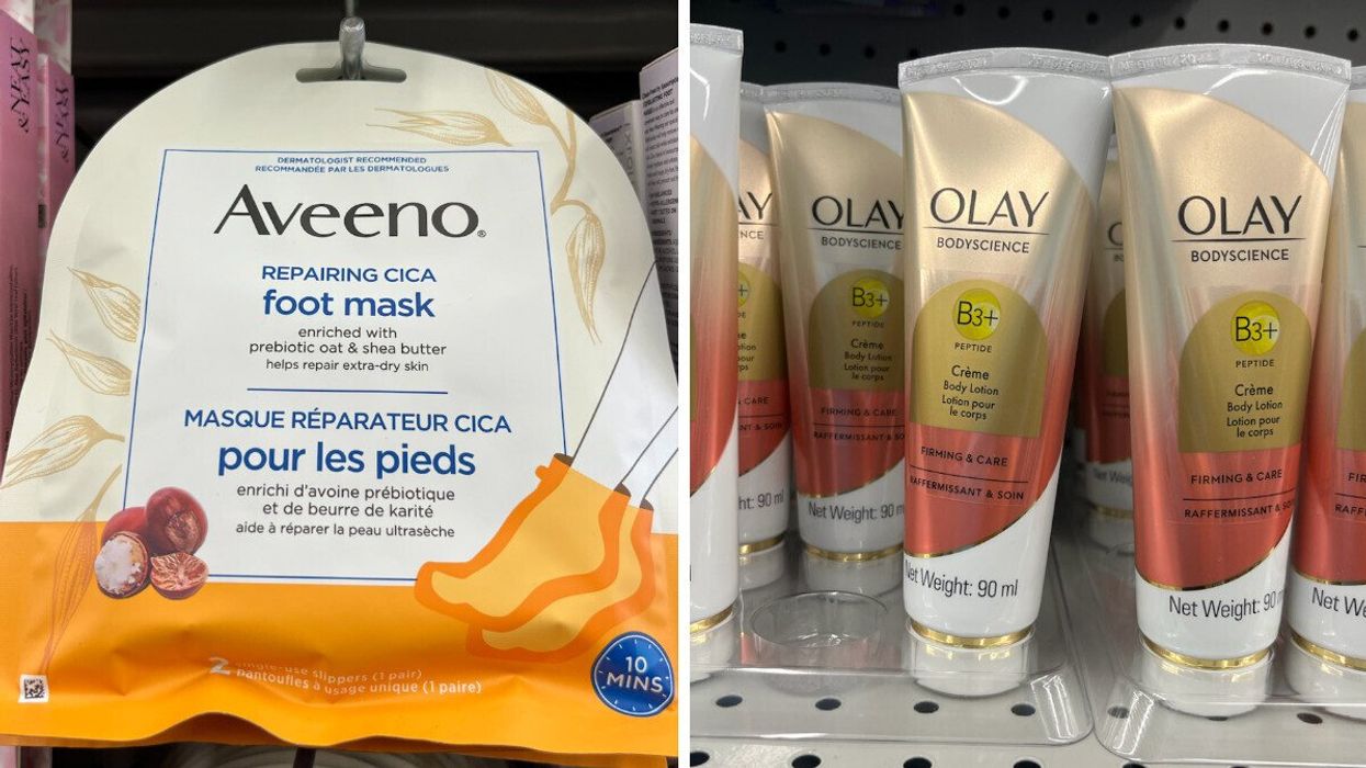 Produits de soins du corps sur les tablettes du Dollarama.