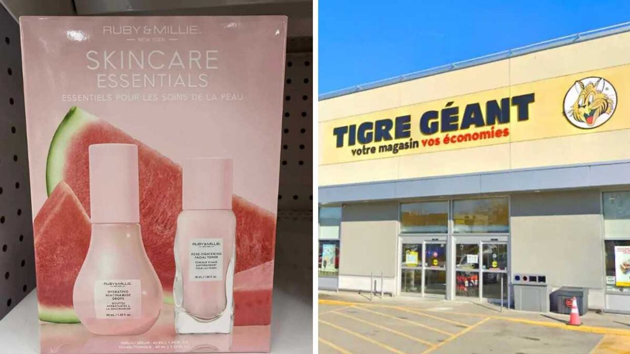 Produits pour la peau de la marque Ruby & Millie en vente au Tigre Géant pour 12 $. Droite : Façade d'un magasin Tigre Géant.