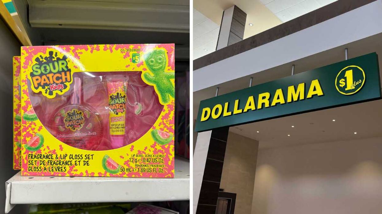 Produits Sour Patch Kids. Droite : Devanture du Dollarama.