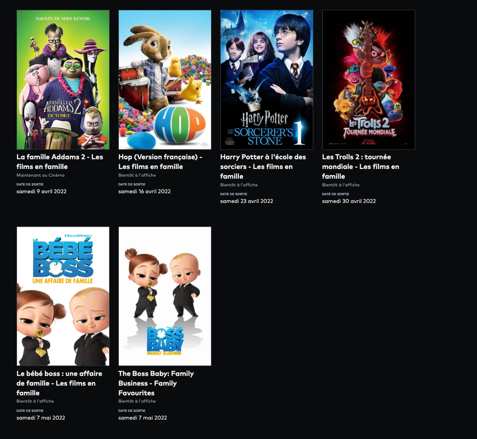 Programmation Films en famille de Cineplex.