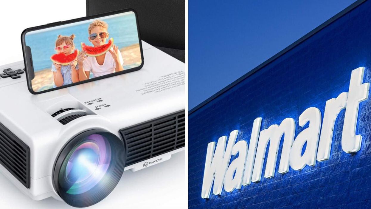 Projecteur en vente chez Walmart. Droite : Façade d'un Walmart.