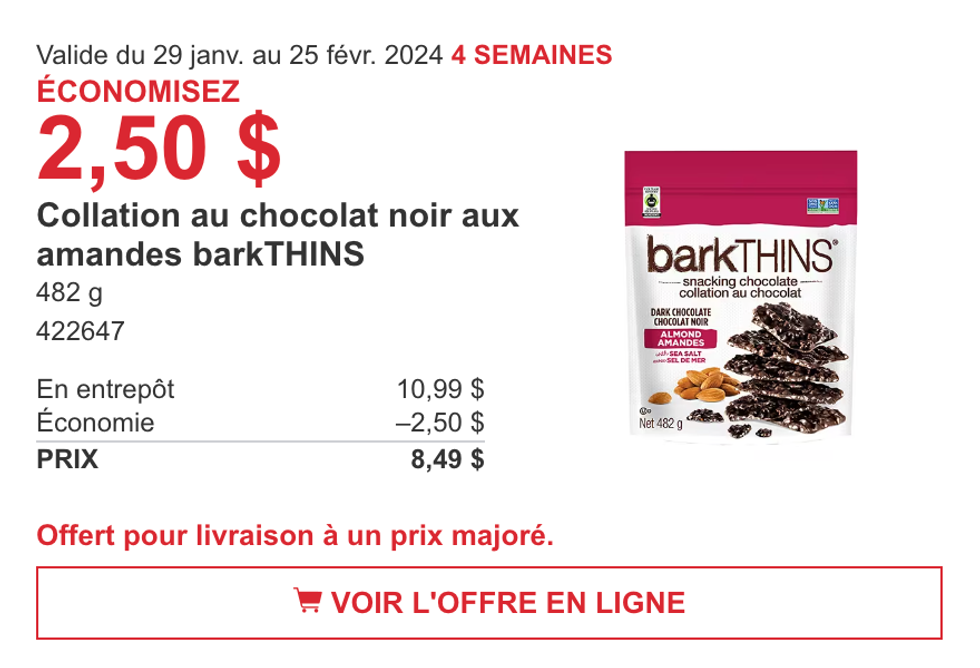 Promotion de la circulaire du Costco sur la collation au chocolat noir aux amandes barkTHINS.