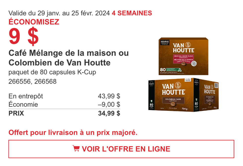 Promotion de la circulaire du Costco sur le caf\u00e9 M\u00e9lange de la maison ou Colombien de Van Houtte.