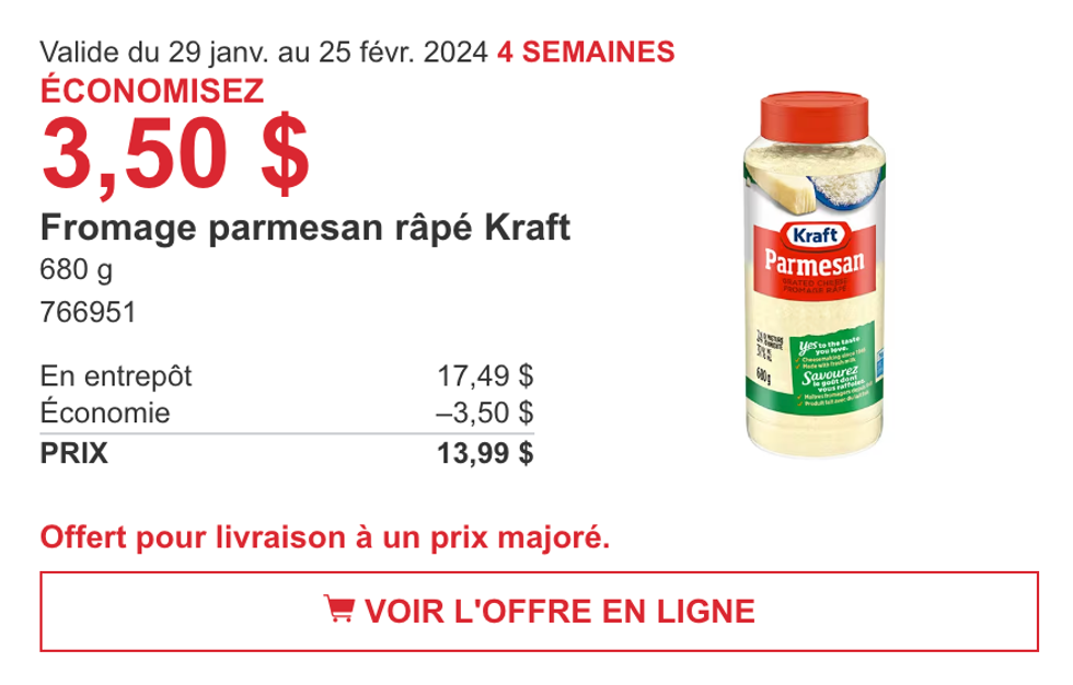 Promotion de la circulaire du Costco sur le fromage parmesan r\u00e2p\u00e9 de Kraft.