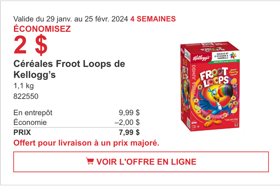 Promotion de la circulaire du Costco sur les c\u00e9r\u00e9ales Froot Loops de Kellogg\u2019s.